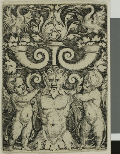 Ornament med en mannlig halvlengde mellom to genier av Barthel Beham