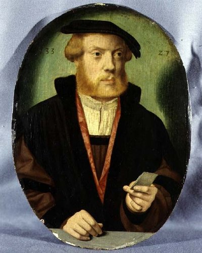 Et portrett av en ung mann med en pelsforet kappe av Bartholomaeus the Elder Bruyn