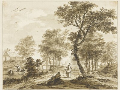 Landskap med figurer og til venstre en mann i en punt av Bartholomeus Barbiers