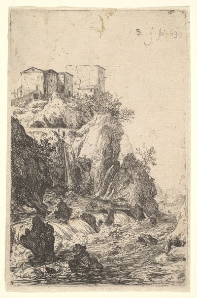 Kaskader nær Ponte della Trave, med bygninger på et steinete utspring over, fra serien ..., 1639. av Bartholomeus Breenbergh