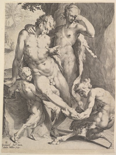 Oreads fjerner en torn fra en Satyrs fot, 1590 av Bartholomeus Spranger