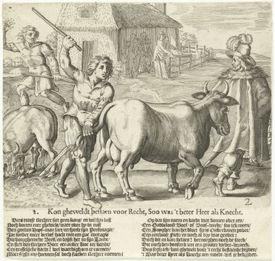 Fogden bærer bort bondens ku 2. Kunne gheweldt eksistere for rettferdighet, så det var bedre Herre som tjener (tittel på objekt) av Bartholomeus Willemsz. Dolendo