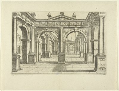 Bygning med dobbel bue i midten i dorisk stil Perspektiv, del 2 (serietittel) av Bartholomeus Willemsz. Dolendo