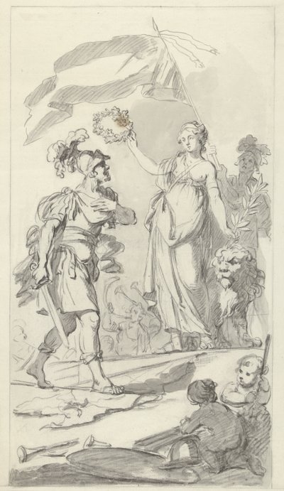 Den modige bataviske kronet av den nederlandske jomfruen, 1799 Design for monumentet på den nasjonale festivalen som feirer freden 17. desember 1799 (serietittel) av Bartholomeus Ziesenis