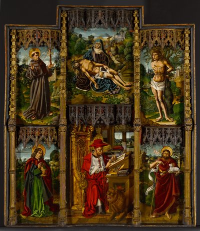 Bærbar altertavle: Pietà, de hellige Frans, Sebastian, Johannes evangelisten, Hieronymus og døperen Johannes, ca. 1500 av Bartolomé Bermejo