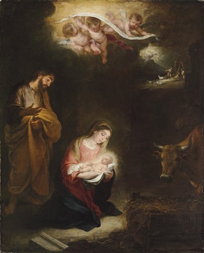 Fødselen med kunngjøringen til hyrdene bortenfor av Bartolomé Esteban Murillo
