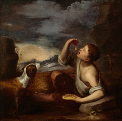 En spansk gutt og en hund (olje på lerret) av Bartolome Esteban (attr. to) Murillo