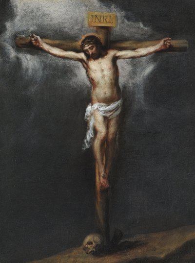 The Crucifixion par Murillo, Bartolome Esteban (1617-1682). Olje på lerret, størrelse: 43,9x33,3, , Privat samling av Bartolomé Esteban Murillo