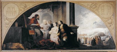 Grunnlaget for Santa Maria Maggiore (basilikaen Santa Maria Maggiore). Patrician John og hans kone avslørte for pave Libere (Liberius) av Roma (pave av 352-366) ledsaget av 2 kirkelige deres drøm. Maleri av Bartolome Esteban Murillo (1617-1682 av Bartolomé Esteban Murillo