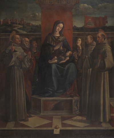 Virgin and Child Enthroned with Six Saints, ca. 1500 (olje på lerret) av Bartolomeo (attr. to) Montagna