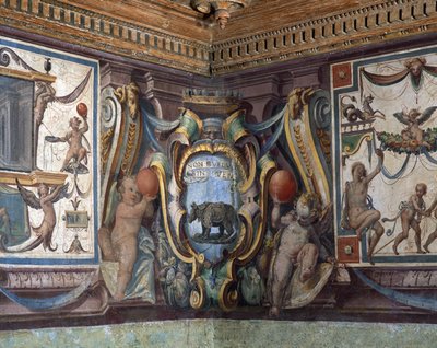 Sala del Granduca di Toscana-hallen til storhertugen av Toscana detalj av frisen som viser tegnene til dyrekretsen, neshornet, freske fra 1564-75 av Bartolomeo Ammannati