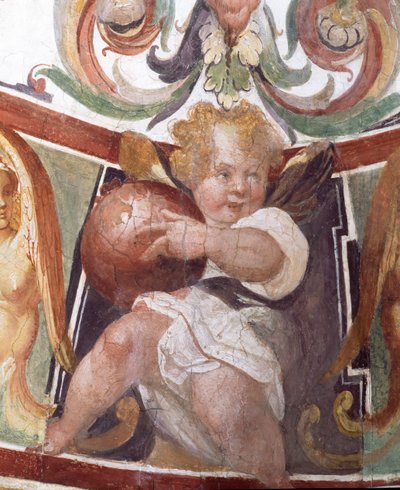 Studiolo-studiet av Francesco deMedici 1541-87 detalj av dekorasjonen som viser en putto som holder en globus, freskomaleri fra 1564-75 av Bartolomeo Ammannati