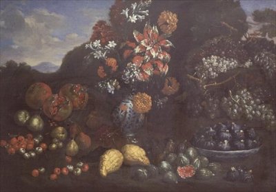 Blomster i en Maiolica-kanne med frukt i et landskap av Bartolomeo Bimbi