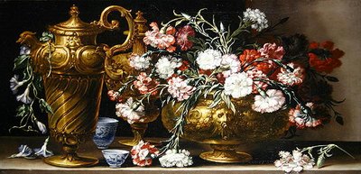 Stilleben med rosa i etui og en florentinsk ær på en avsats (olje på lerret) av Bartolomeo Bimbi
