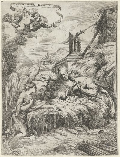 Tilbedelse av Maria, Josef og engler av Bartolomeo Biscaino
