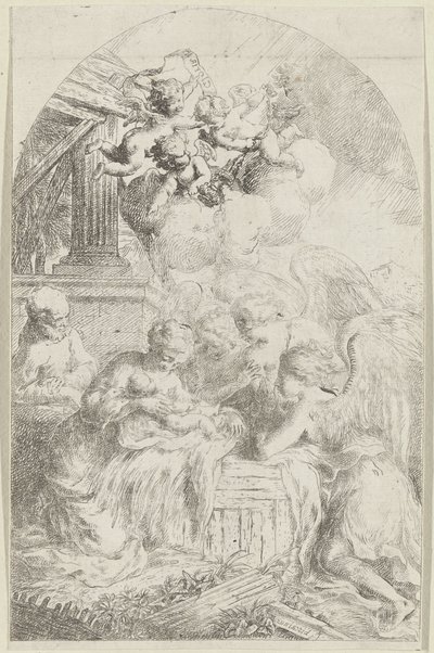 Kristusbarn tilbedt av tre engler av Bartolomeo Biscaino