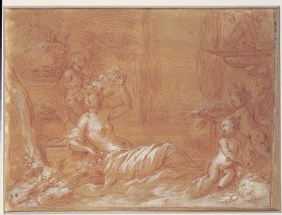 Liggende nymfe i en hage med fontene, vase og tre amoriner av Bartolomeo Biscaino