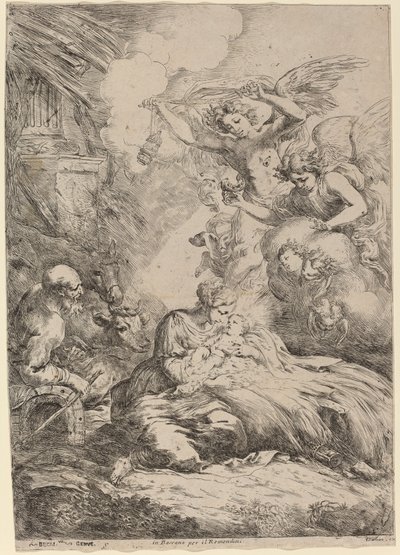 Den hellige familie tilbedt av engler (The Large Nativity) av Bartolomeo Biscaino