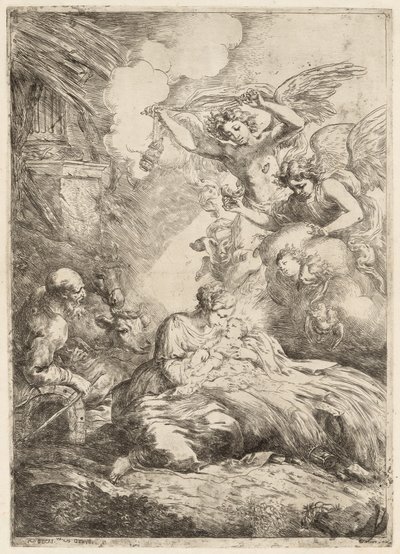 Den hellige familie tilbedt av engler Den store fødselen, ca. 1655. av Bartolomeo Biscaino