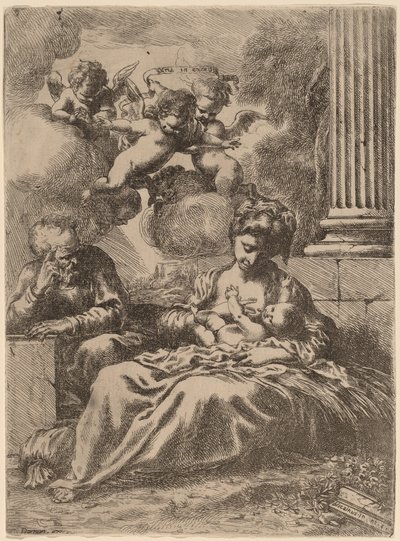Den hellige familie ved en kolonne, ca. 1655. av Bartolomeo Biscaino