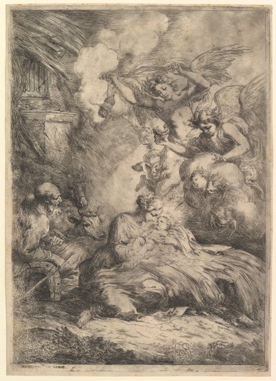 Fødselen med engler, 1650-57. av Bartolomeo Biscaino