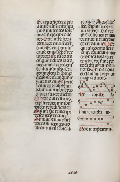 Missale: Fol. 128v: inneholder musikk for Hely Hely Lama etc. innenfor St. Mattion Passion, 1469. av Bartolomeo Caporali