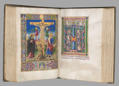 Missale: Fol. 185v: Korsfestelse med kantlinjer helside, 1469. av Bartolomeo Caporali