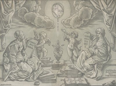 Allegori av en avhandling, to kvinner holder påskrevne tavler, 1640. av Bartolomeo Coriolano
