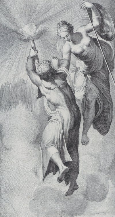 Minerva hjelper Prometheus mens han forsøker å bestige himmelen, 1756. Skapere: Bartolomeo Crivellari, Gabriel Söderling. av Bartolomeo Crivellari, Gabriel Söderling