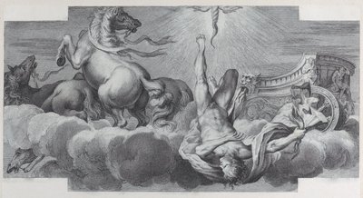 Plate 34: Auriga, vognføreren, faller fra vognen i midten, med tre hester ved l..., 1756. Skapere: Bartolomeo Crivellari, Gabriel Söderling. av Bartolomeo Crivellari, Gabriel Söderling