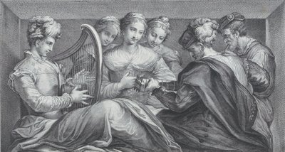 En gruppe elegant kledde mennesker som spiller harpe og gitar, 1740-68 av Bartolomeo Crivellari