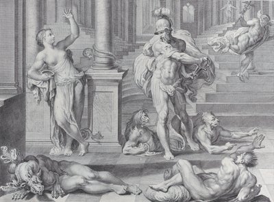 Plate 10: Ulysses tvinger Circe til å gjenopprette kameratenes menneskelige former, som hun hadde ..., 1756 av Bartolomeo Crivellari