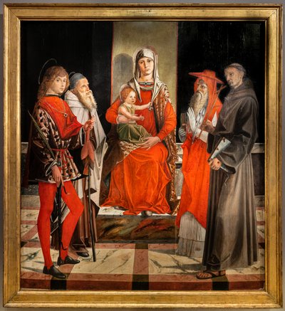 Tronet Madonna med spedbarnet Jesus blant de hellige Ansanus, Anthony den store, Hieronymus og Frans av Bartolomeo Montagna