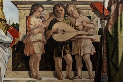 Tronet Madonna med spedbarnet Jesus blant de hellige, detalj av Bartolomeo Montagna