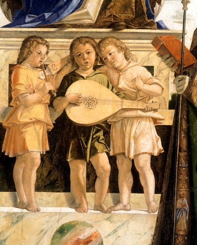 Madonna og barn tronet med de hellige døperen Johannes, Bartolomeus og Sebastian, av Bartolomeo Cincani kjent som Il Montagna (1450-1523). Detalj. av Bartolomeo Montagna
