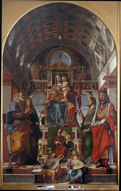 Madonna og barn med Saint Andrew, Monica, Ursula og Sigismund av Bartolomeo Montagna