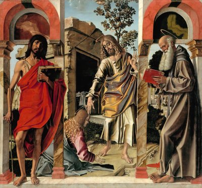 Oppstandne Kristus med Maria Magdalena og de hellige døperen Johannes og Hieronymus, ca. 1492 av Bartolomeo Montagna