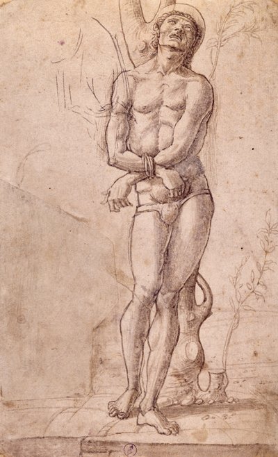 Saint Sebastian, ca 1475, tegning av Bartolomeo Montagna (ca 1450-1523), penn og brunt blekk, med brun vask, cm 20x15, Italia av Bartolomeo Montagna
