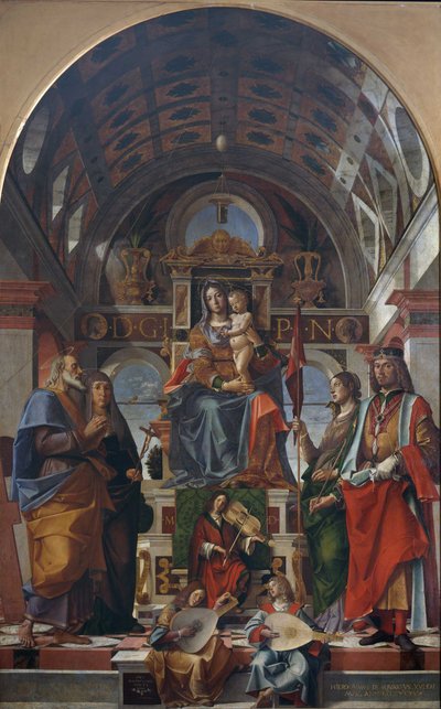 Jomfruen og barnet tronet med helgener og engler som lager musikk, 1499. av Bartolomeo Montagna