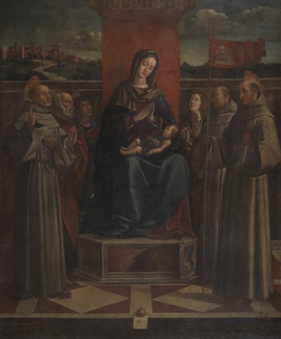 Jomfru og barn tronet med seks hellige, ca. 1500 av Bartolomeo Montagna