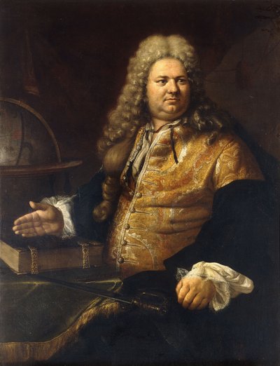 Portrait of a Gentleman, sies å være skuespilleren James Quin, i tittelrollen til Addisons Cato, sittende tre fjerdedels lengde, i en brokadefrakk og grønn kappe ved et bord med et Wword, en bok og en globe av Bartolomeo Nazzari