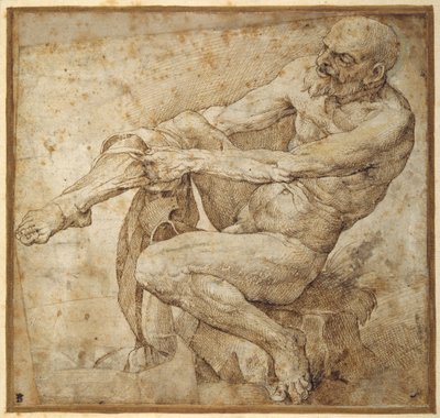 Naken mann som drar på slangen, etter Marcantonio Raimondi og Michelangelo Buonarroti (penn og brunt blekk på papir) av Bartolomeo Passarotti