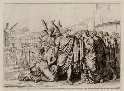 Atilius Regulus forbereder seg på å forlate Roma for å vende tilbake til fangenskap i Kartago (etsing) av Bartolomeo Pinelli