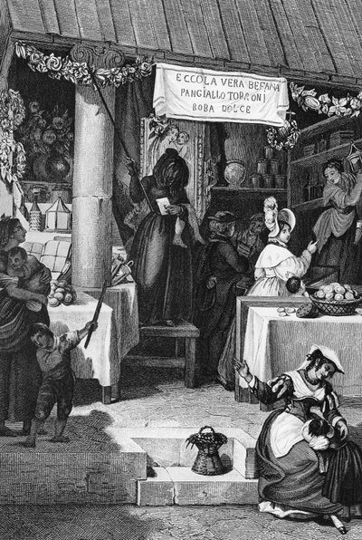 Befana (italiensk juleheks), bod som selger søtsaker og nougat på Piazza Navona under helligtrekonger, Roma, gravering av Bartolomeo Pinelli av Bartolomeo Pinelli