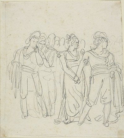 Brigandsjef holdt tilbake av en kvinne (rekto); Skisse for to figurer i et landskap (verso) av Bartolomeo Pinelli