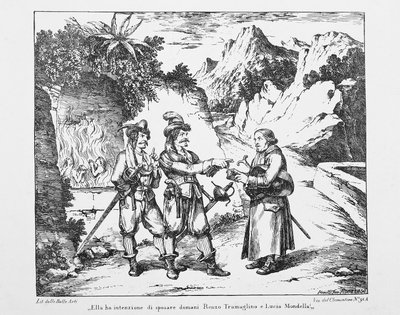 Don Abbondio møter to Bravi, litografi av Bartolomeo Pinelli (1781-1835) for The Troloved av Alessandro Manzoni (1785-1873), Italia, 1800-tallet av Bartolomeo Pinelli