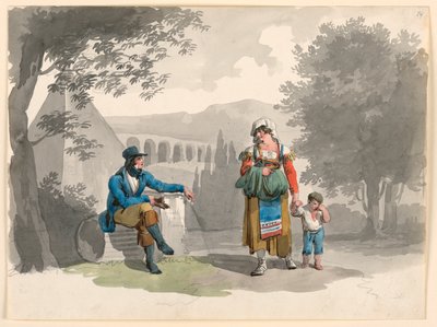 Tegning, en kvinne som holder en gutt med hånden og passerer en herremann sittende blant ruiner i Campagna, 1807 av Bartolomeo Pinelli