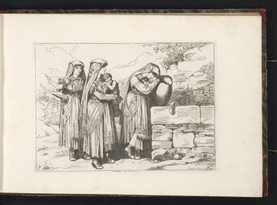 Tre kvinner og et barn fra Cervara di Roma Costumi di Cervara (tittel på objekt) Kostymetrykk med figurer fra Roma og omegn (serietittel) Nuova raccolta di cinquanta costumi de contorni di Roma (serietittel) av Bartolomeo Pinelli