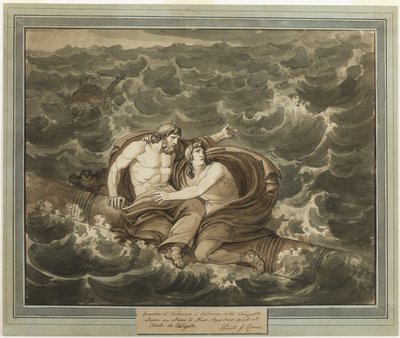 Mentor og Telemachus, etter å ha overlevd stormen, er ivrige til øya Calypso på en mast, fra The Adventures of Telemachus, bok 6 av Bartolomeo Pinelli