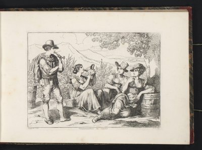 Hvilende vindrikkere Vendemmia Trici in riposo (tittel på objekt) Kostymetrykk med figurer fra Roma og omegn (serietittel) Nuova raccolta di cinquanta costumi de contorni di Roma (serietittel) av Bartolomeo Pinelli